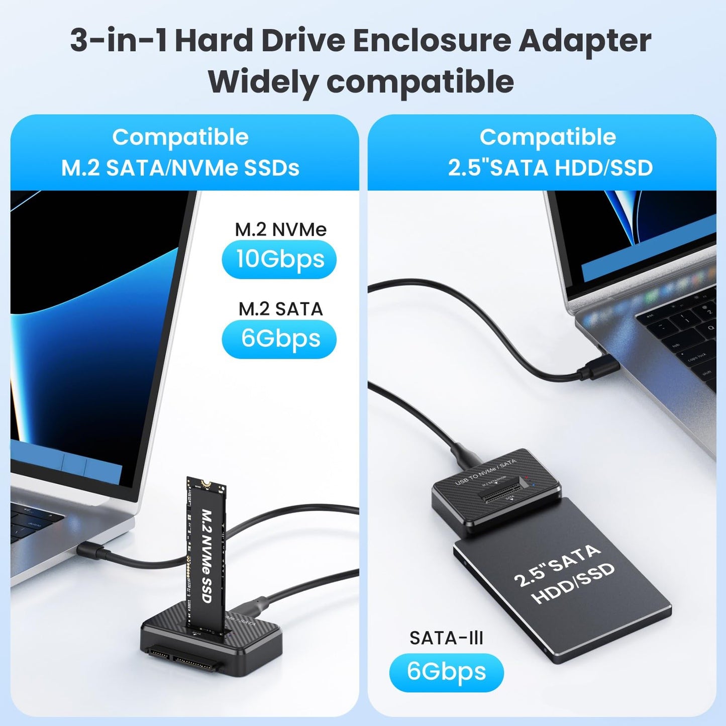 M2 NVMe SATA SSD Enclosure Hard Drive Reader USB 3.2 Gen 2 10Gbps External SSD Reader for 2.5" HDD SSD M.2 NVMe SATA (M Key&M+B Key),Support Sizes