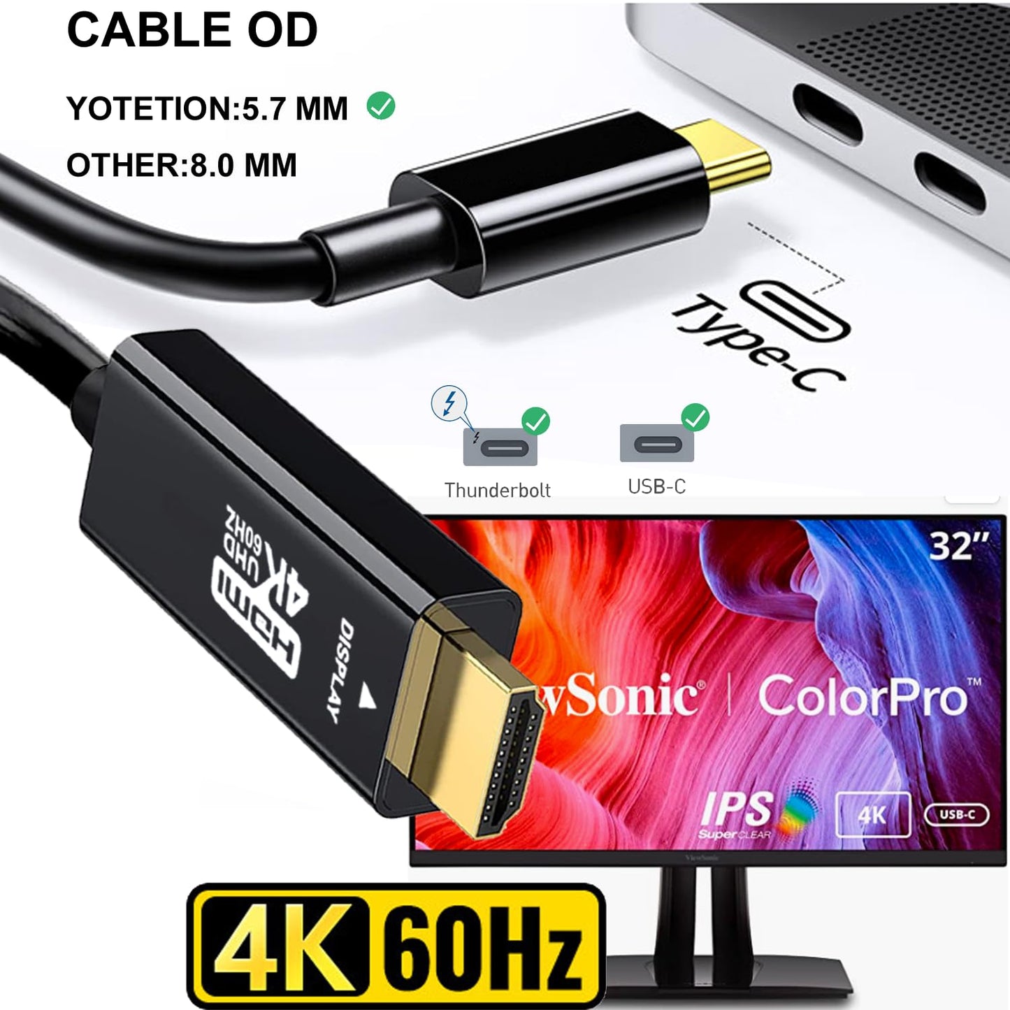 USB C to HDMI Cable 25FT 4K60HZ,USB Type C to HDMI Adapter, Thunderbolt 3/4 to HDMI Cable Compatible with Galaxy S22 /S20, MacBook Pro/Air 2020, iPad