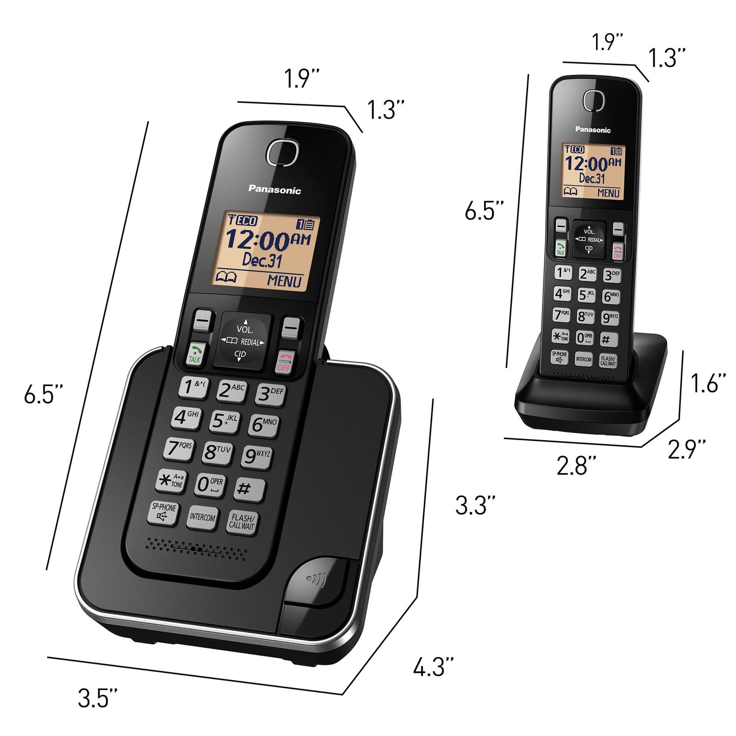 Panasonic Cordless Phone 2 Handsets System Expandable with Amber Backlit Display - KX-TGC352B (Black)
