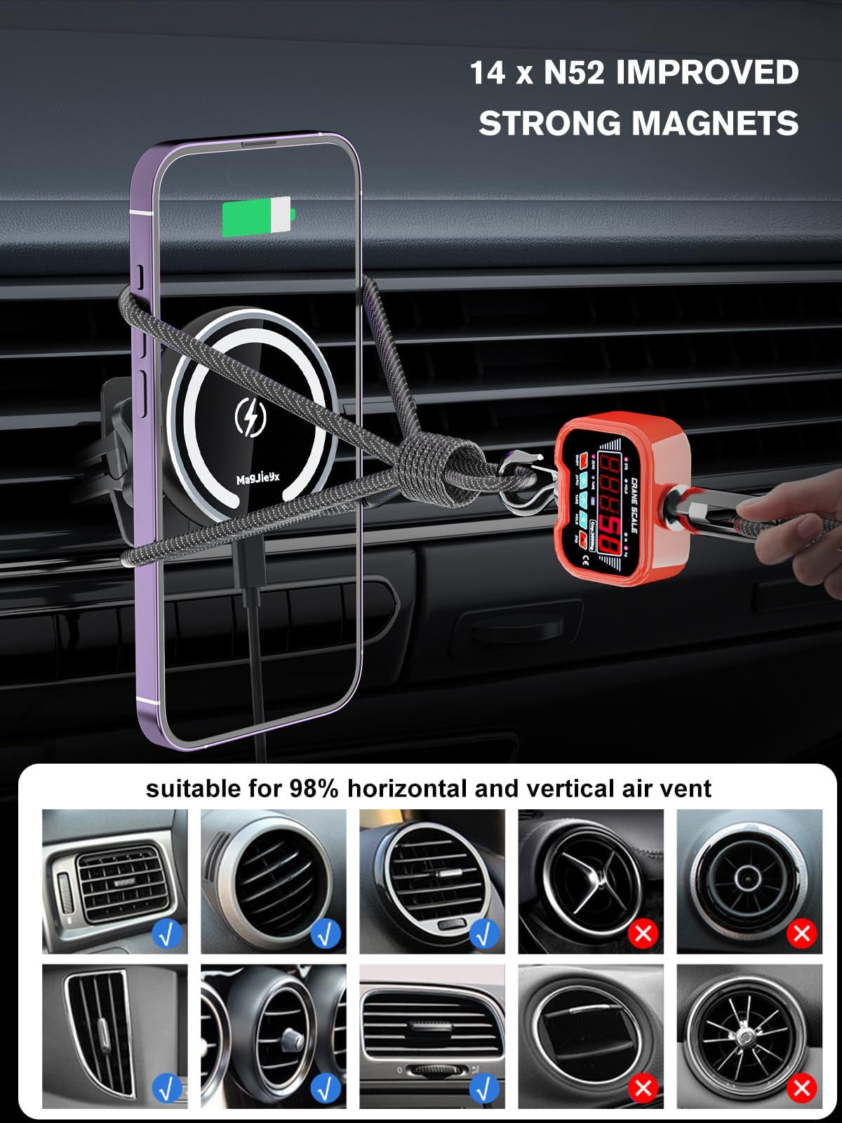 MAGJIEYX for Magnetic Magsafe Car Mount Charger, Wireless Car Charger with QC3.0 Adapter(38W Max) Phone Holder Fits iPhone17/16/15/14/13Plus/MagSafe