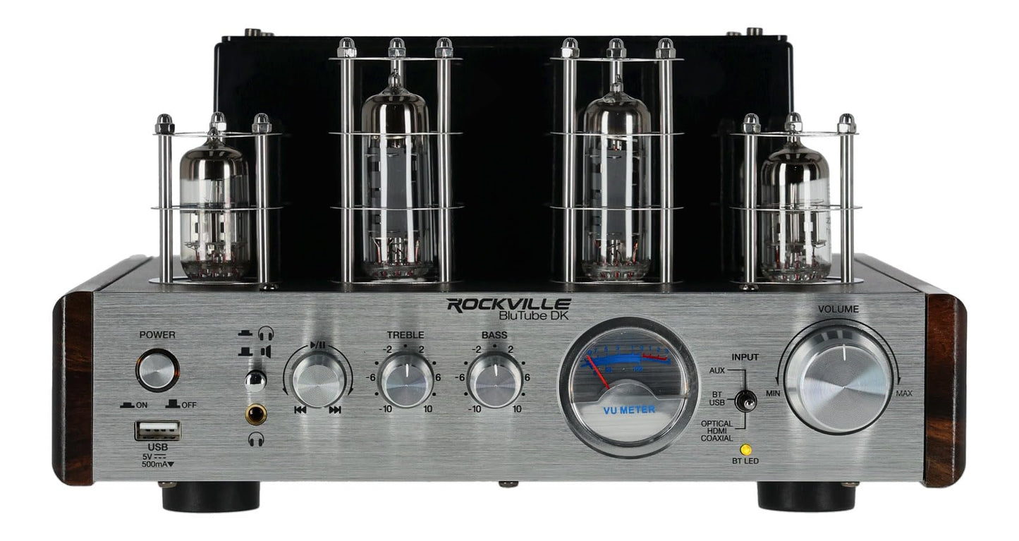 Rockville BluTube DK Audiophile Tube Amplifier with Bluetooth, 35Wx2 RMS @ 4 Ohm, HDMI/Optical/Coaxial Inputs, Sub Output, USB, RCA, VU Meter
