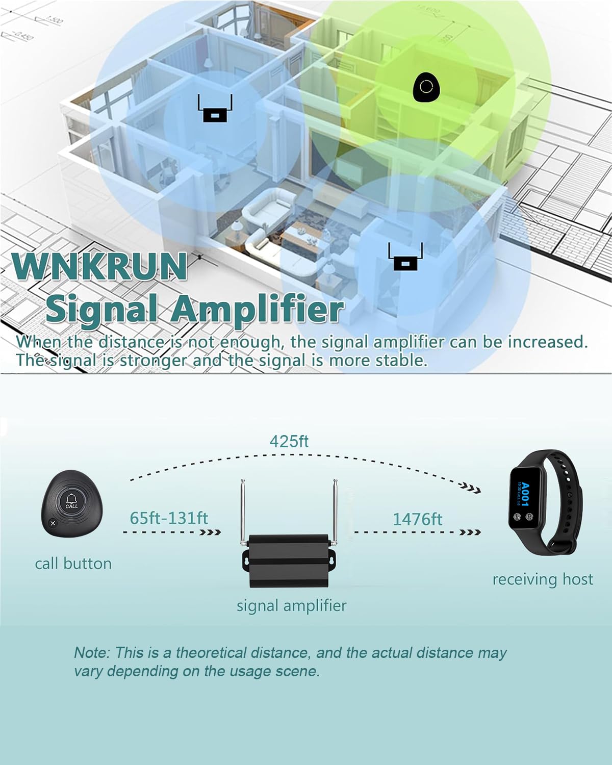 Signal Amplifier Repeater to Extend Signal Range for WNKRUN Pager System (Only be Used with WNKRUN Brand Products)