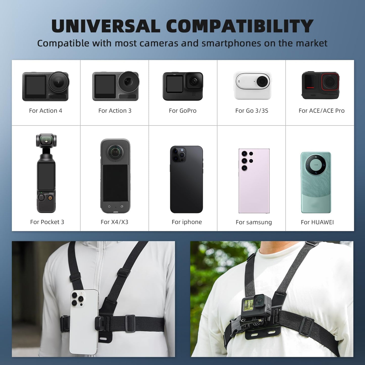 BRDRC POV Phone Chest Mount for iPhone, Head Mount Camera for Recording Vlog Body Harness Strap Holder Clip Kit for Gopro, for DJI Osmo Pocket 3,