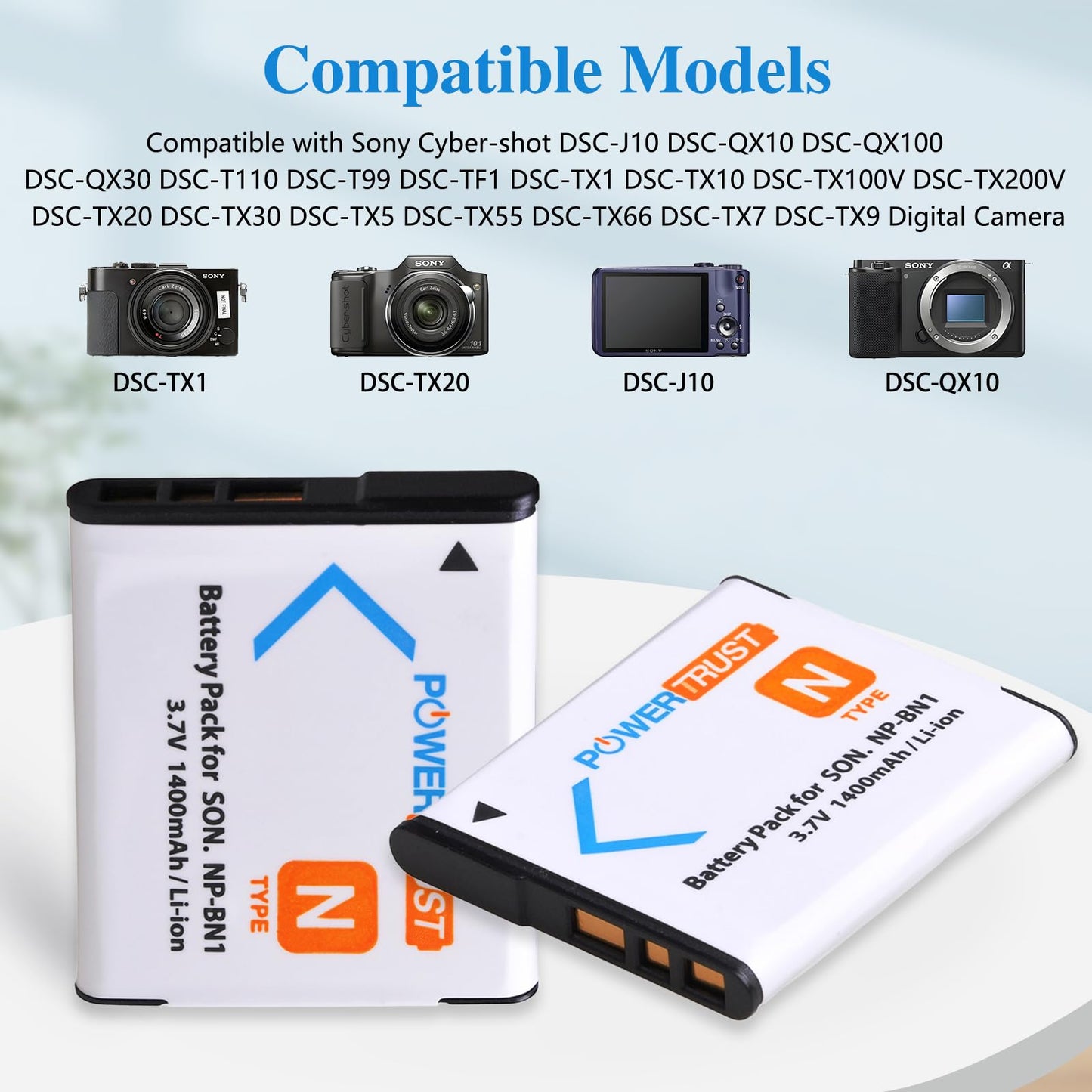 PowerTrust 2X NP-BN1 Battery for Sony NP BN1 NPBN1 BC-CSN and Cyber-Shot DSC-QX10 QX30 QX100 DSC-TF1 DSC-TX10 TX20 TX30 DSC-W530 DSC-W570 DSC-W650