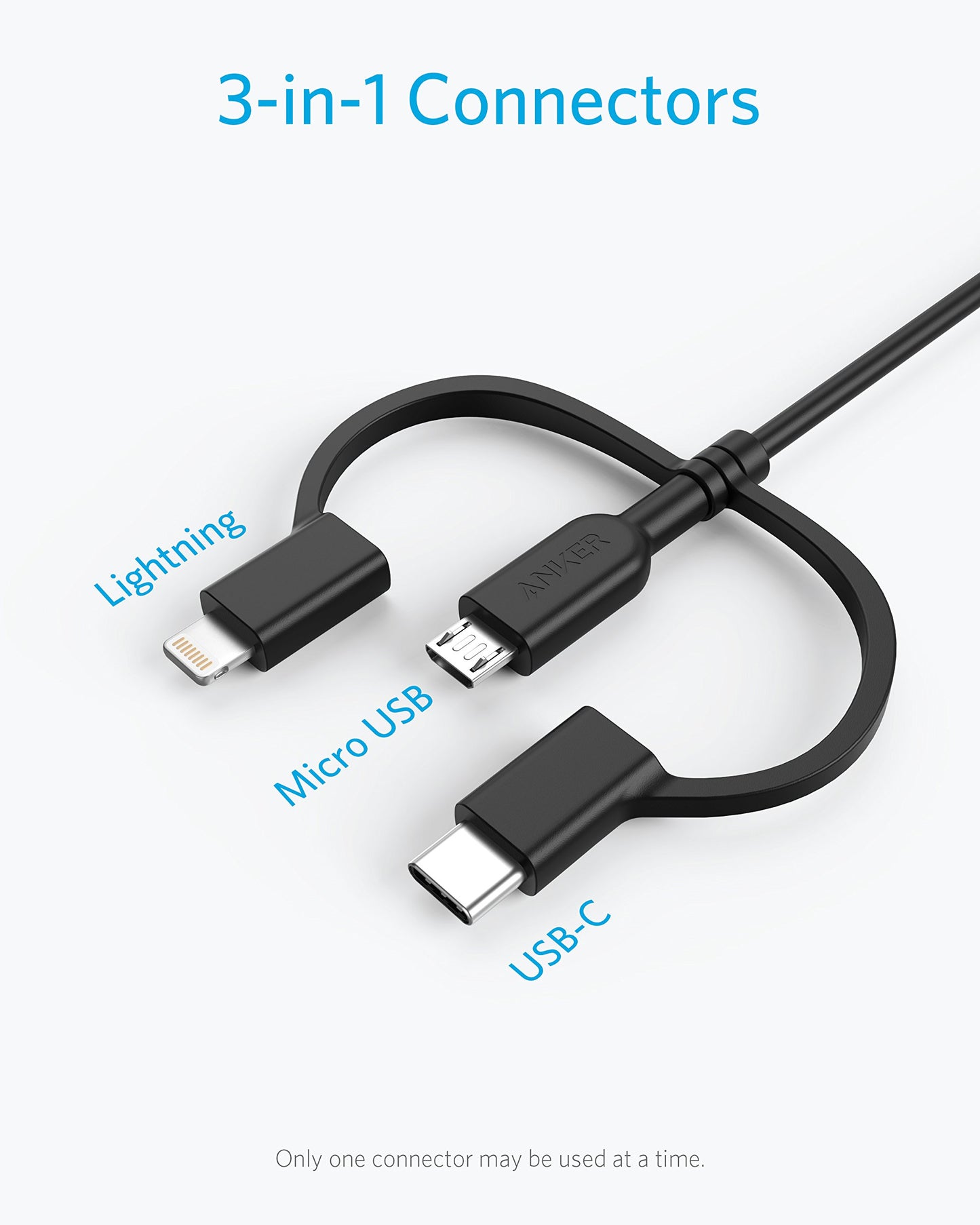 Anker Powerline II 3-in-1 Cable, Lightning/Type C/Micro USB Cable for iPhone, iPad, Huawei, HTC, LG, Samsung Galaxy, Sony Xperia, Android Smartphones