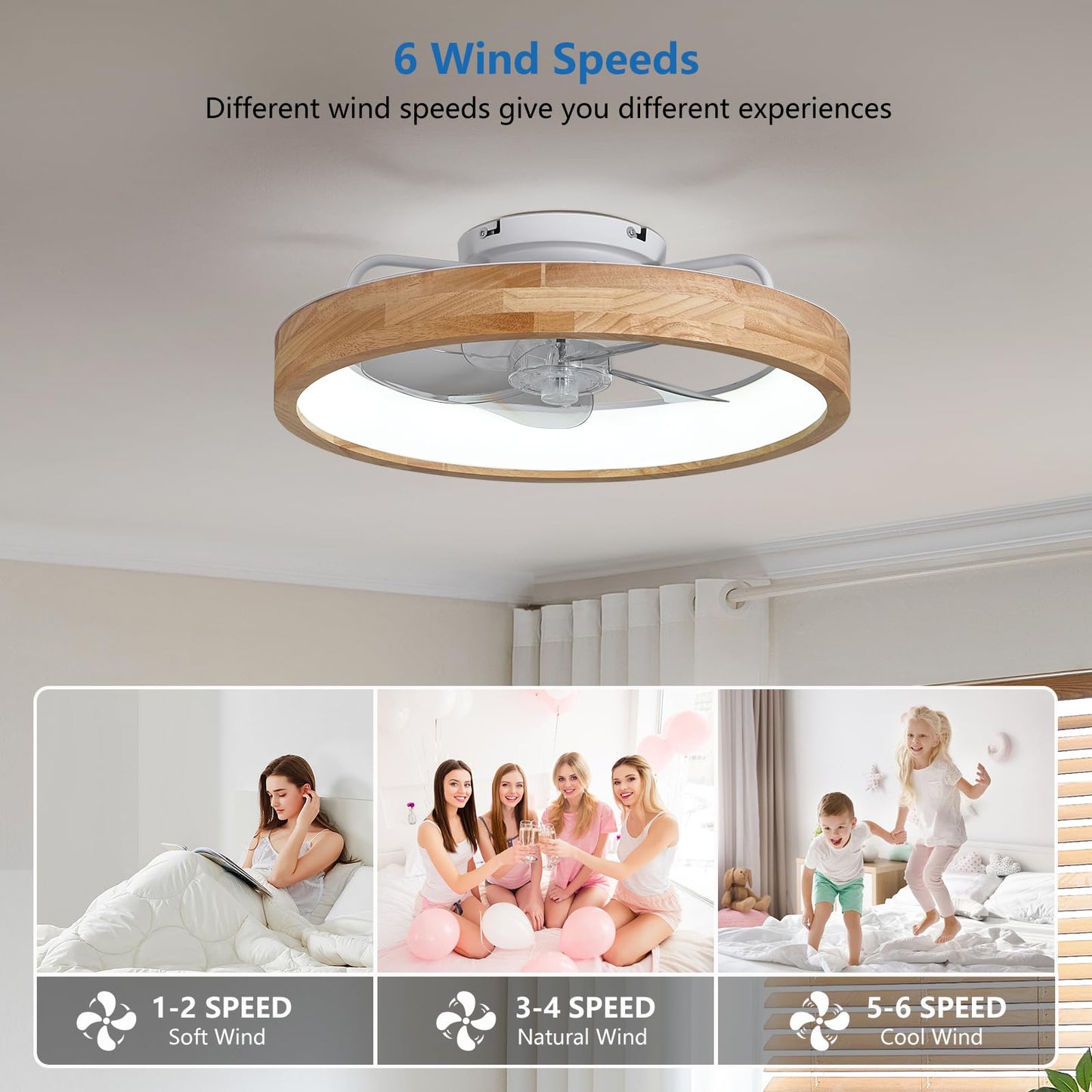 Ouimico 20'' Low Ceiling Fan with Light, 6 Speeds Reversible DC Motor, Dimmable 3 Color LED Light with Timer, Modern Flush Mount Ceiling Fan