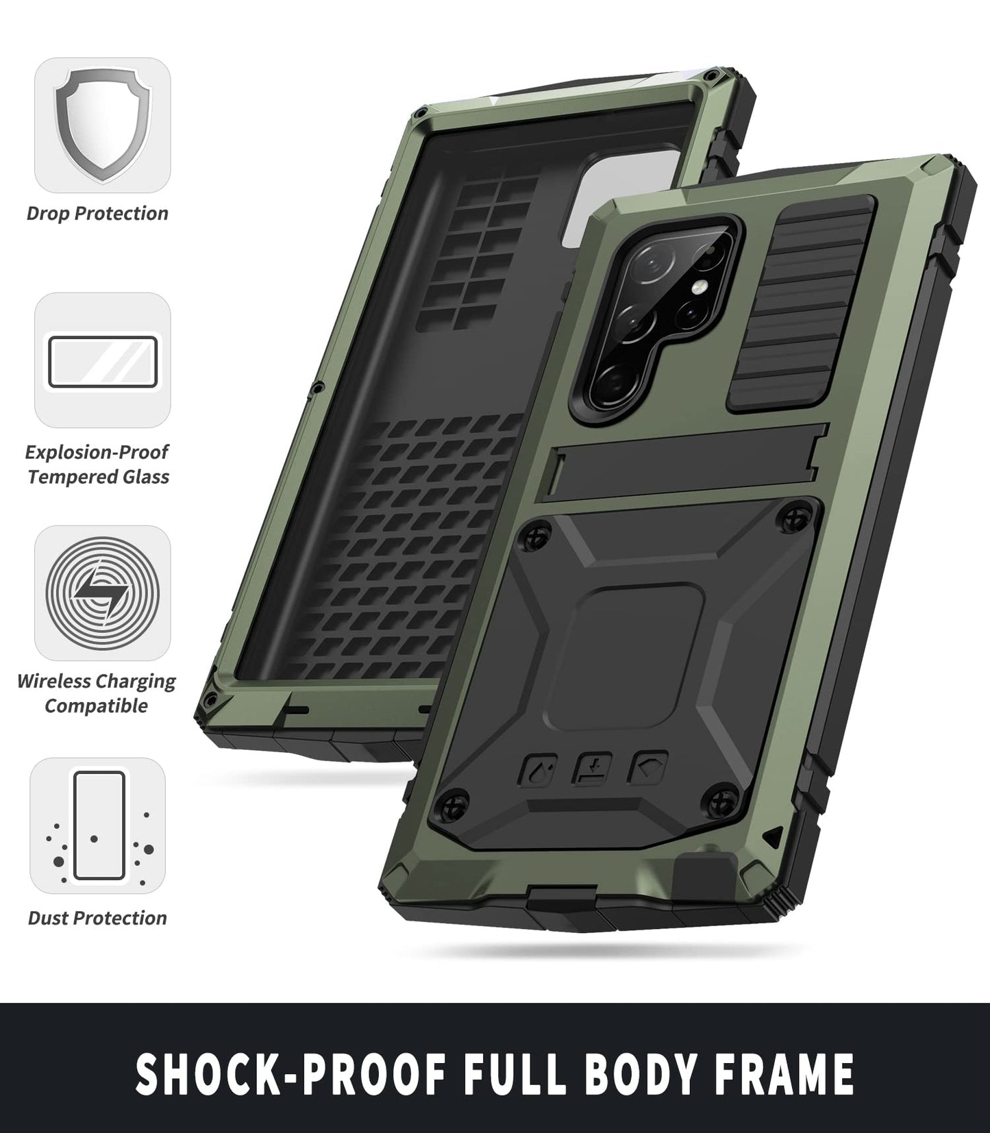 Simicoo Compatible with Samsung S23 Ultra Metal Military Case with Stand Screen Protector Camera Protection Rugged Heavy Duty Shockproof Full Body