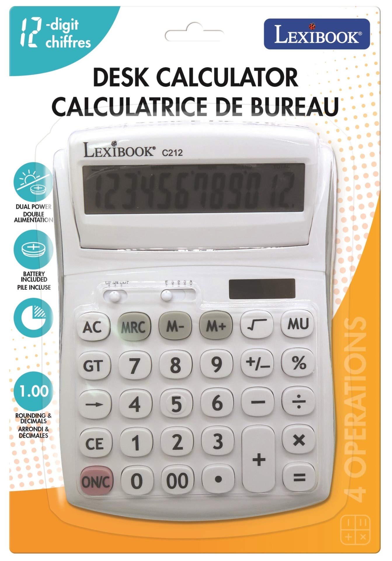 Lexibook - 12 Digit Desktop Calculator with Folding Display - Basic and Memory Function - Large Keys and Screen for Office, School, Home - Solar
