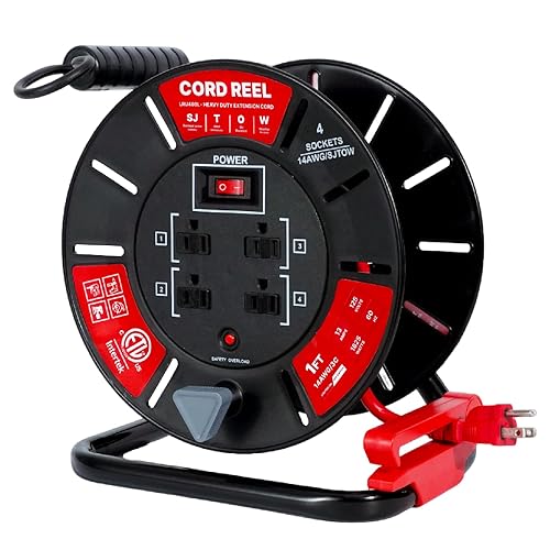 Txecpro 1ft Cord Reel, Retractable Extension Lead with Winding Handle, Safety Overload Circuit Breaker and Power Switch, 4x Grounded Outlets, 13amps