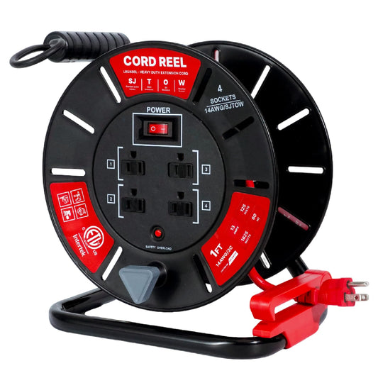 Txecpro 1ft Cord Reel, Retractable Extension Lead with Winding Handle, Safety Overload Circuit Breaker and Power Switch, 4x Grounded Outlets, 13amps