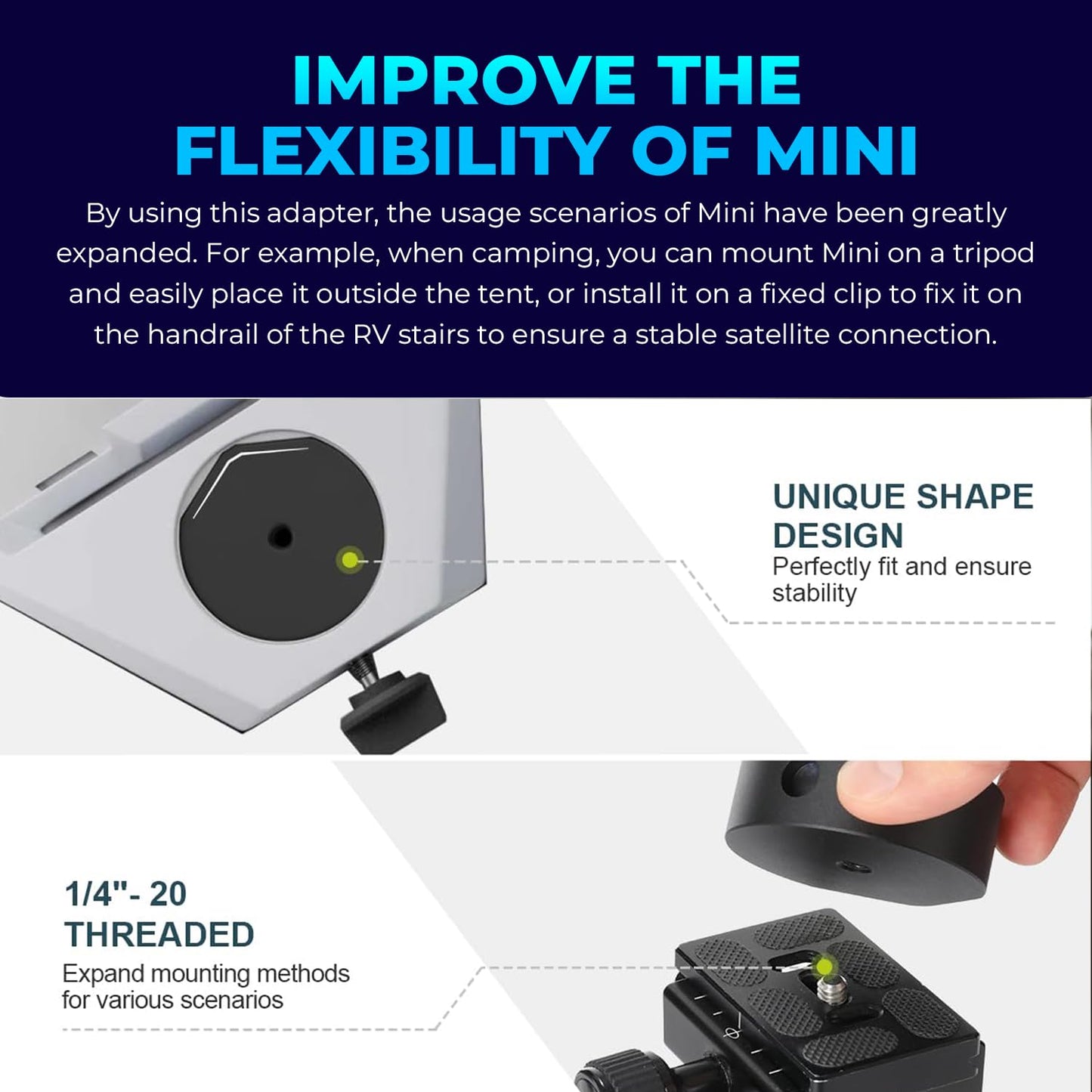 Tripod Adapter for Starlink Mini, AIRYSEE Premium Aluminum Alloy Travel Tripod Adapter 1/4"~20 and 3/8"~16 Threaded - Starlink Mini Accessories