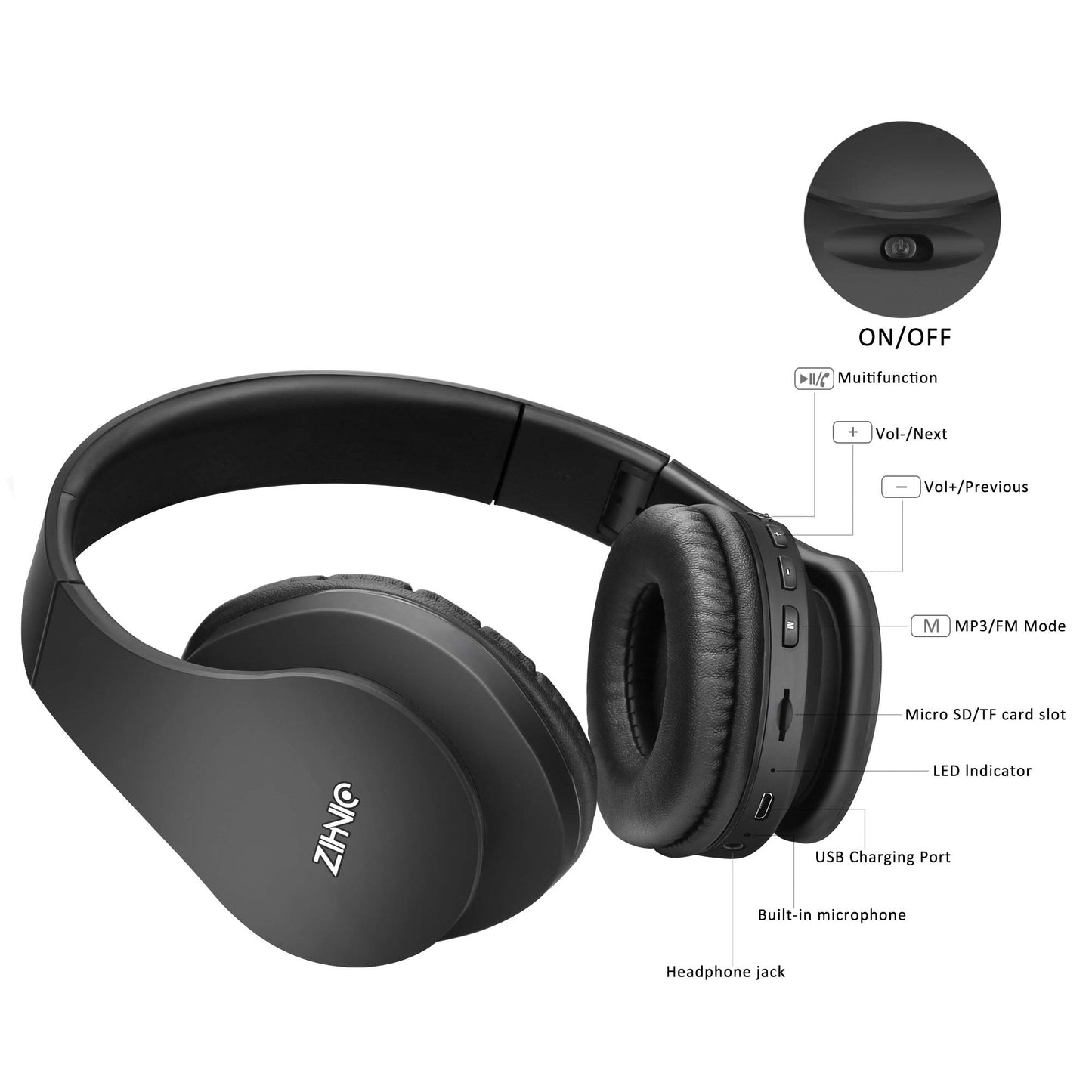 ZIHNIC Bluetooth Headphones Over-Ear, Foldable Wireless and Wired Stereo Headset Micro SD/TF, FM for Cell Phone,PC,Soft Earmuffs &Light Weight…
