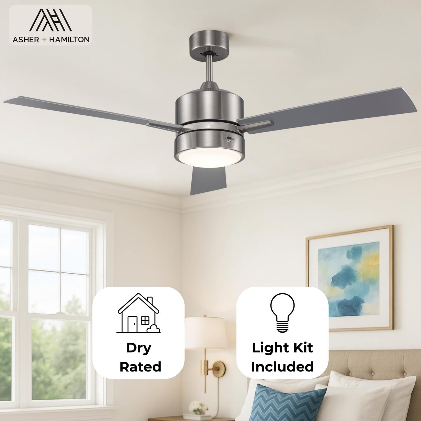 Asher Hamilton AHF-207BN Aero 52 Inch Indoor Ceiling Fan | Integrated LED Light Kit 1184 Lumens 3000K | 3 Blade Configuration | Control Included |