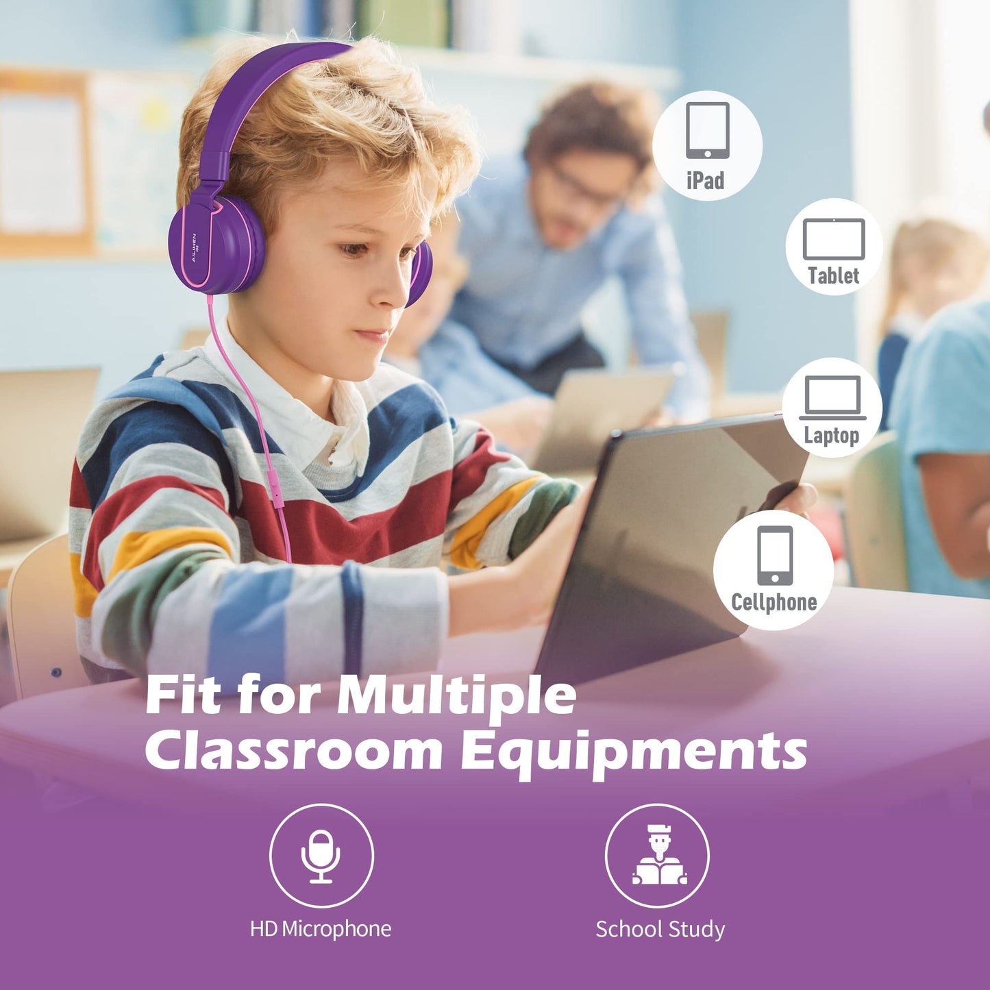 AILIHEN I35Bulk Classroom Kids Headphones (5 Pack) for K-12 School Class Sets Student Children 93dB Volume Limited Wired Foldable Headset for Study