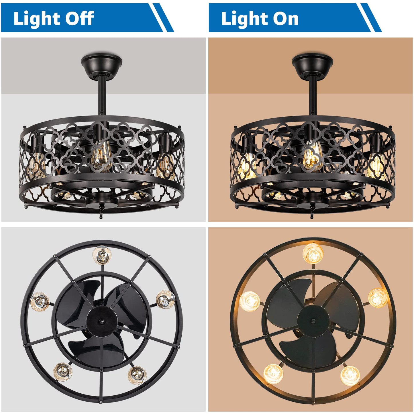 SUNVIE Caged Ceiling Fan with Lights Remote Control 21in Industrial Bladeless Enclosed Ceiling Fan Light with Reversible Motor for Bedroom Kitchen