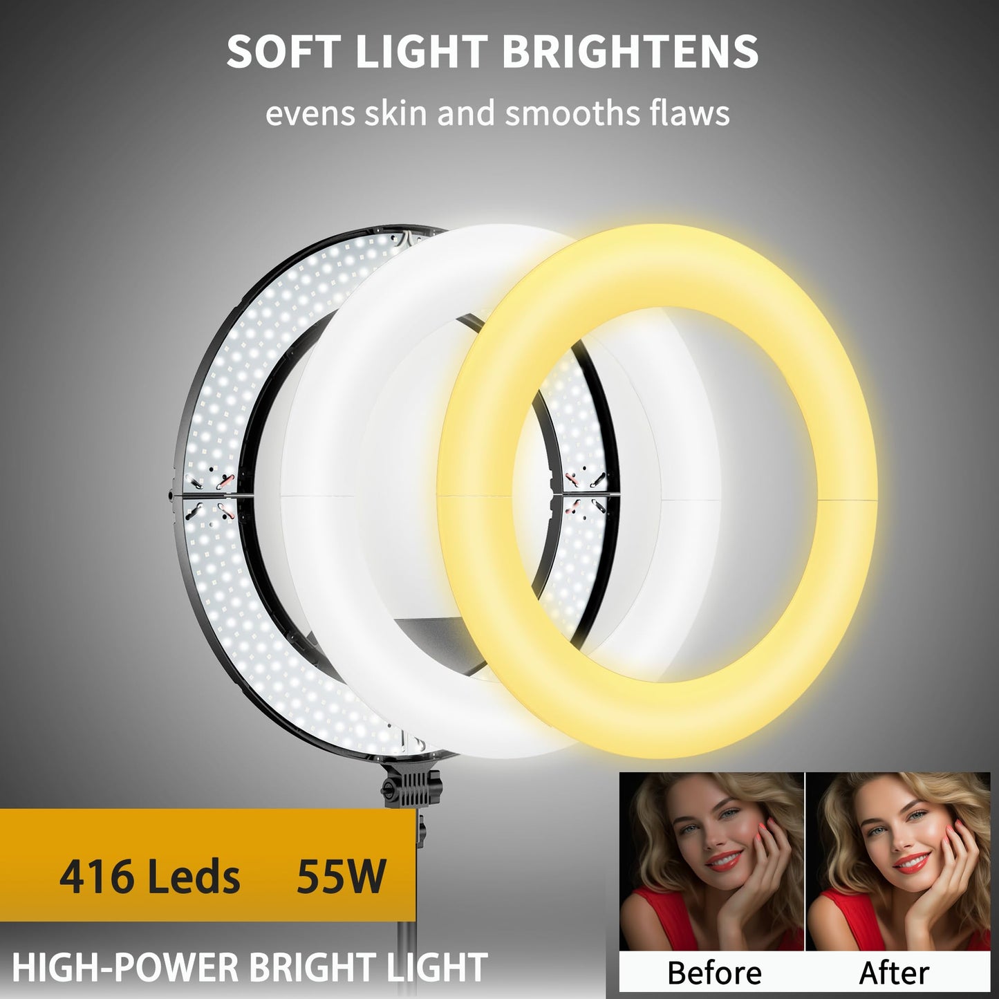 18" 55W Ring Light, High Brightness, No Bracket, Linkable on Wall-Mounted Triangular Arm, Ideal for Studios & Makeup, Live Streaming & Hair Salons