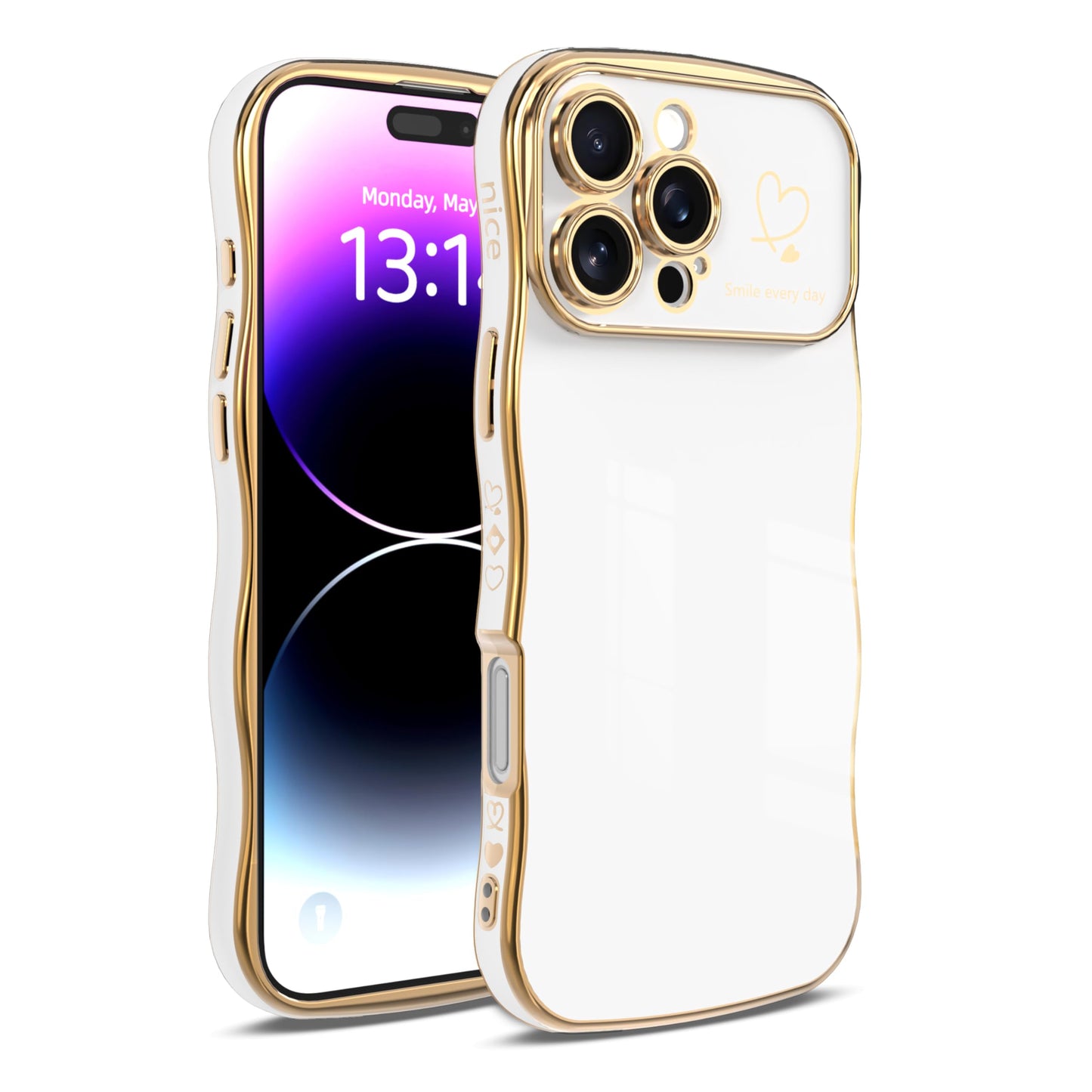 IAIYOXI for iPhone 13 Case for Women & Girls - Cute Wave Design with Curly Shape, Heart Pattern, Raised Camera Protection, Luxury Plating