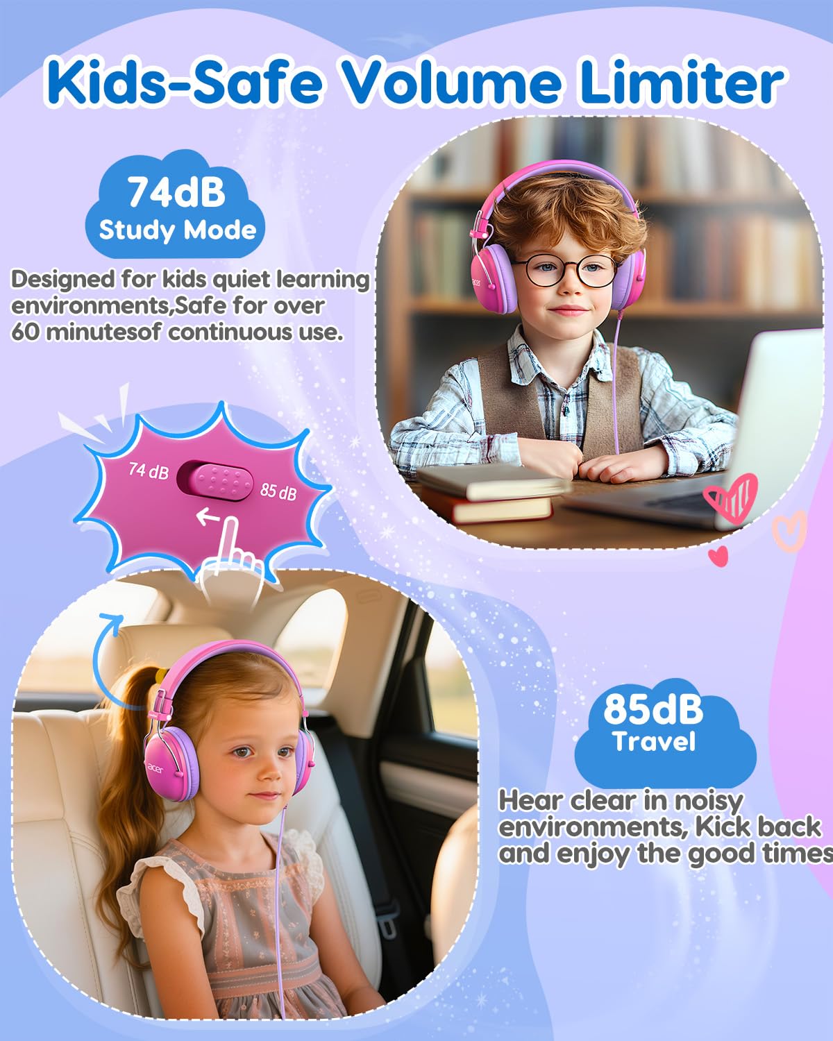 Acer Kids Headphones Wired for School, 74-85dB Limiter, Pink Purple OHW342