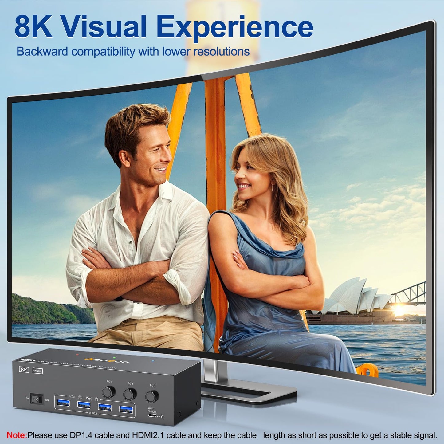 8K HDMI DP KVM Switch 3 Monitors 3 Computers, 8K@60Hz/4K@144Hz Triple Monitor KVM Switches for 3 Computers Sharing 3 Monitors, Keyboard and Mouse,with