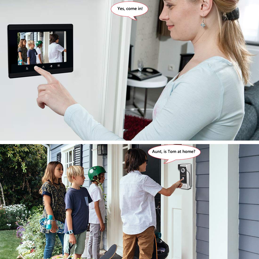 AMOCAM Video Intercom System, 7 Inches Monitor Wired Video Door Phone Doorbell Kits, Indoor Outdoor IR Camera Support Unlock, Monitoring, Dual-Way