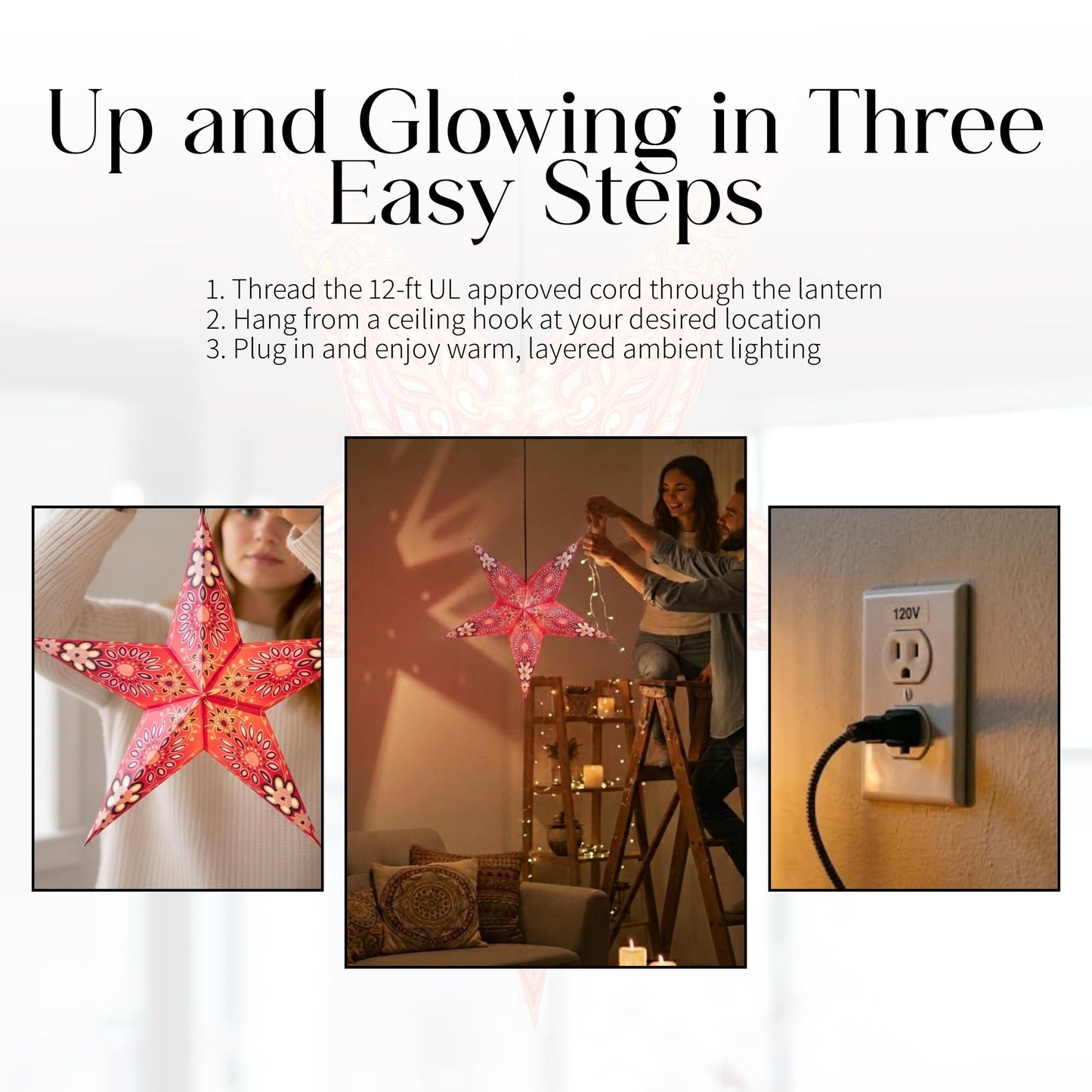 Om Gallery Paper Starlight 24 Inch - Handcrafted Hanging Star Lantern with 100% Recycled Material - Large Paper Star Lamp with 12-Foot UL Approved