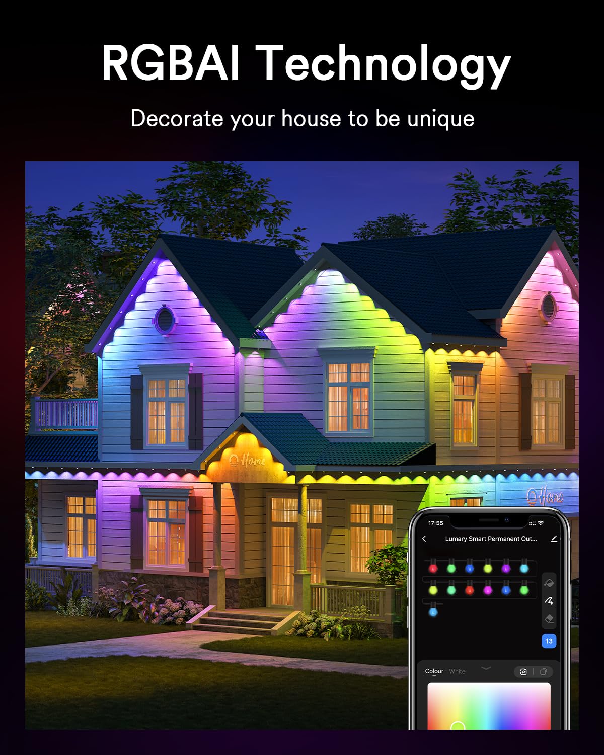 Lumary Permanent Outdoor Lights Pro 105ft with 80LED RGBAICW Smart Eave Light for Chirstmas, Work with Alexa Google IP67 Waterproof, Color Changing