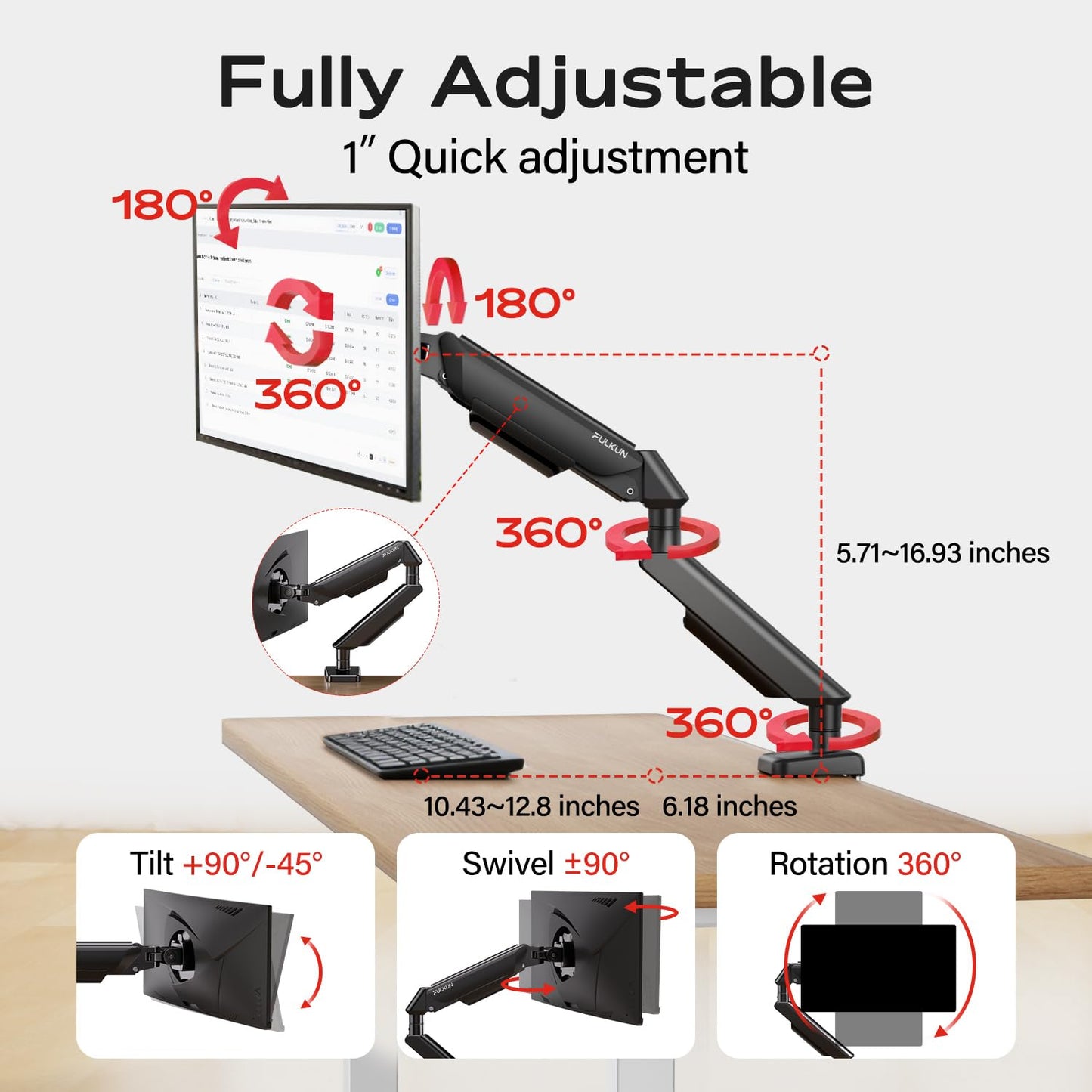FULKUN Single Monitor Mount Stand - Full Motion Articulating Arm with Gas Spring,17-32 inch Computer Screen Mount, VESA 75x75/100x100, Clamp/Grommet