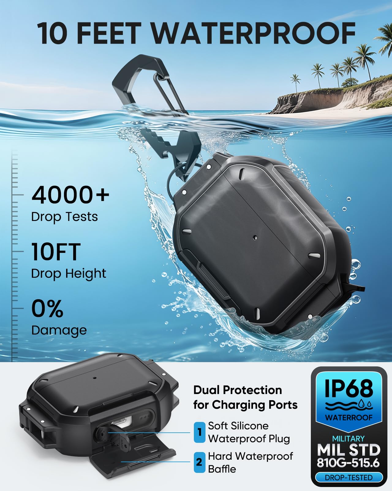 MoKo for AirPods Pro 3 Case with Secure Lock - IP68 Waterproof Case for iPods Pro 3, Military-Grade Protective Cover Earpods Pro 3 with Keychain