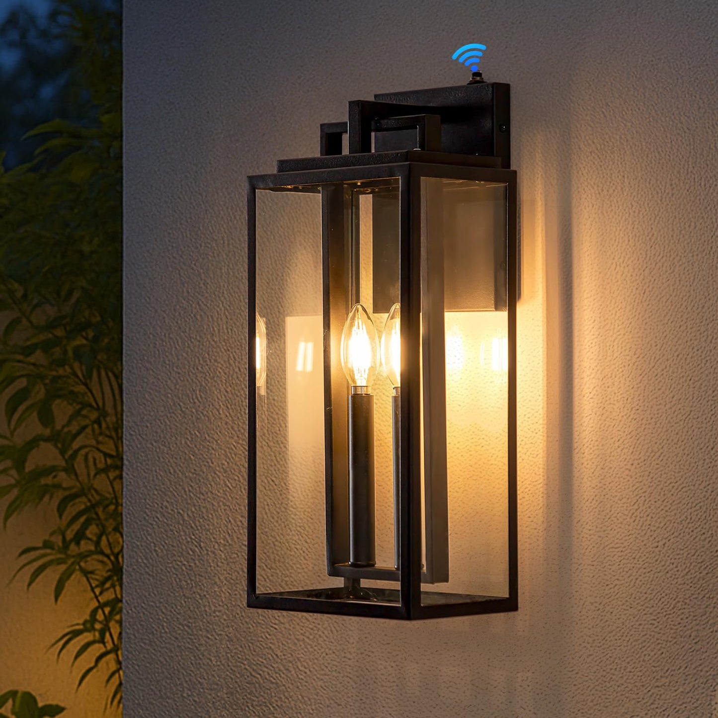 SAYTOP Dusk to Dawn Outdoor Wall Sconce Waterproof Wall Lantern 2-Lights, 20" Large Outside Modern Wall Mount Light, Exterior Matte Black Porch Light