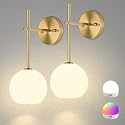 Gold Battery Operated Wall Sconces Set of 2, Rechargeable Wireless Wall Lights with Milky White Frosted Glass Shade, 12 RGB and 3CCT Dimmable, Wall