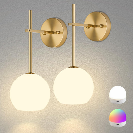 Gold Battery Operated Wall Sconces Set of 2, Rechargeable Wireless Wall Lights with Milky White Frosted Glass Shade, 12 RGB and 3CCT Dimmable, Wall
