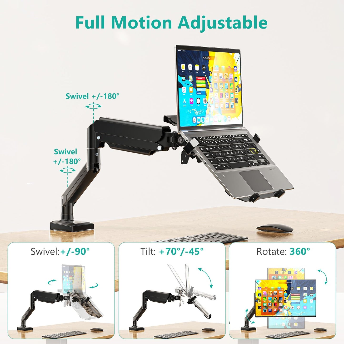 WALI Single Arm Laptop and Monitor Desk Mount for 17" Notebook and Up to 32" Screen, 2-in-1 Adjustable Monitor Arm with Laptop Tray, VESA 75x75