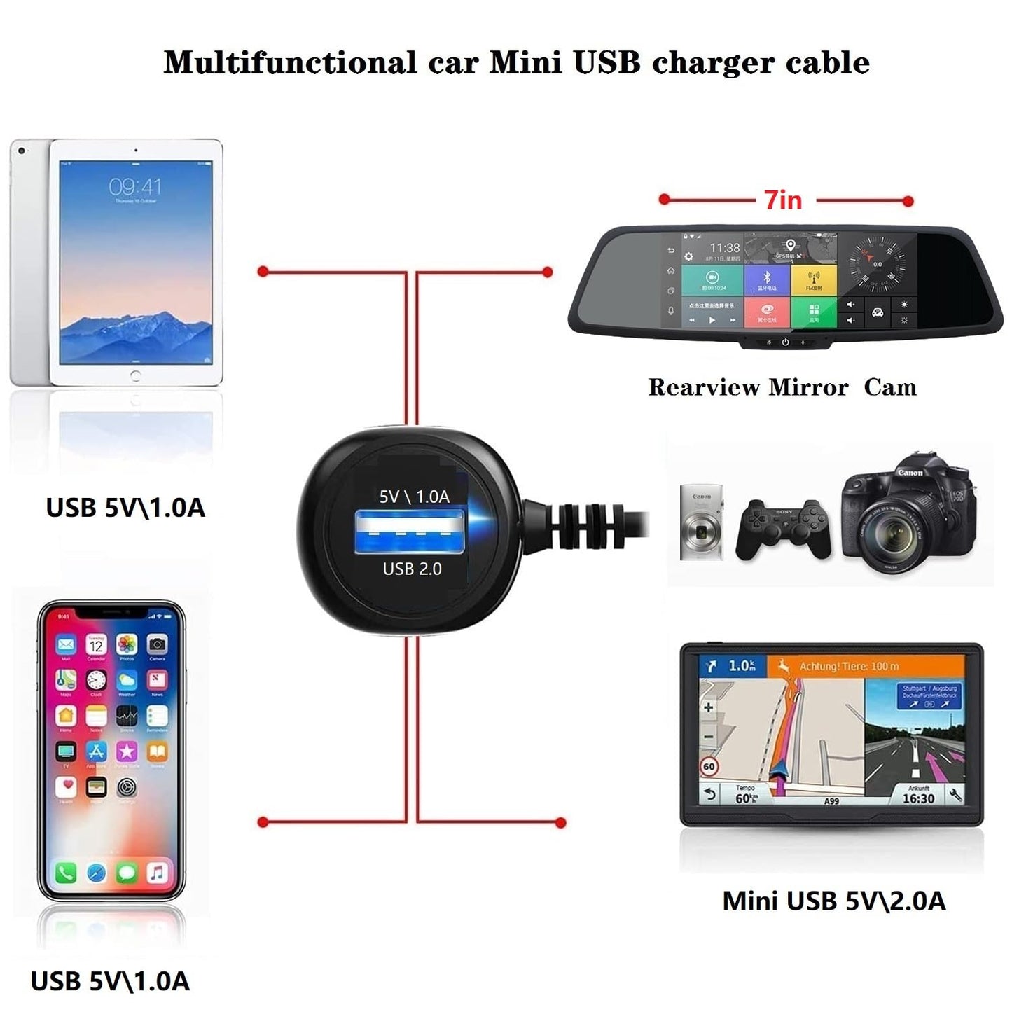ATYFUER Dash Cam Charger Cable GPS Navigator Power Cord for Dash Cam GPS MP3 Player GPS Navigator Charging for 12V Car and 24V Truck Car Power Adapter
