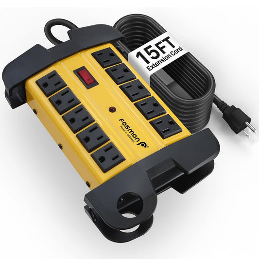 Fosmon 10-Outlets Heavy Duty Power Strip Metal Surge Protector with 3150 Joules & 15 Amps, 15-FT Wall Mountable Extension Cord for Garage, Workshop