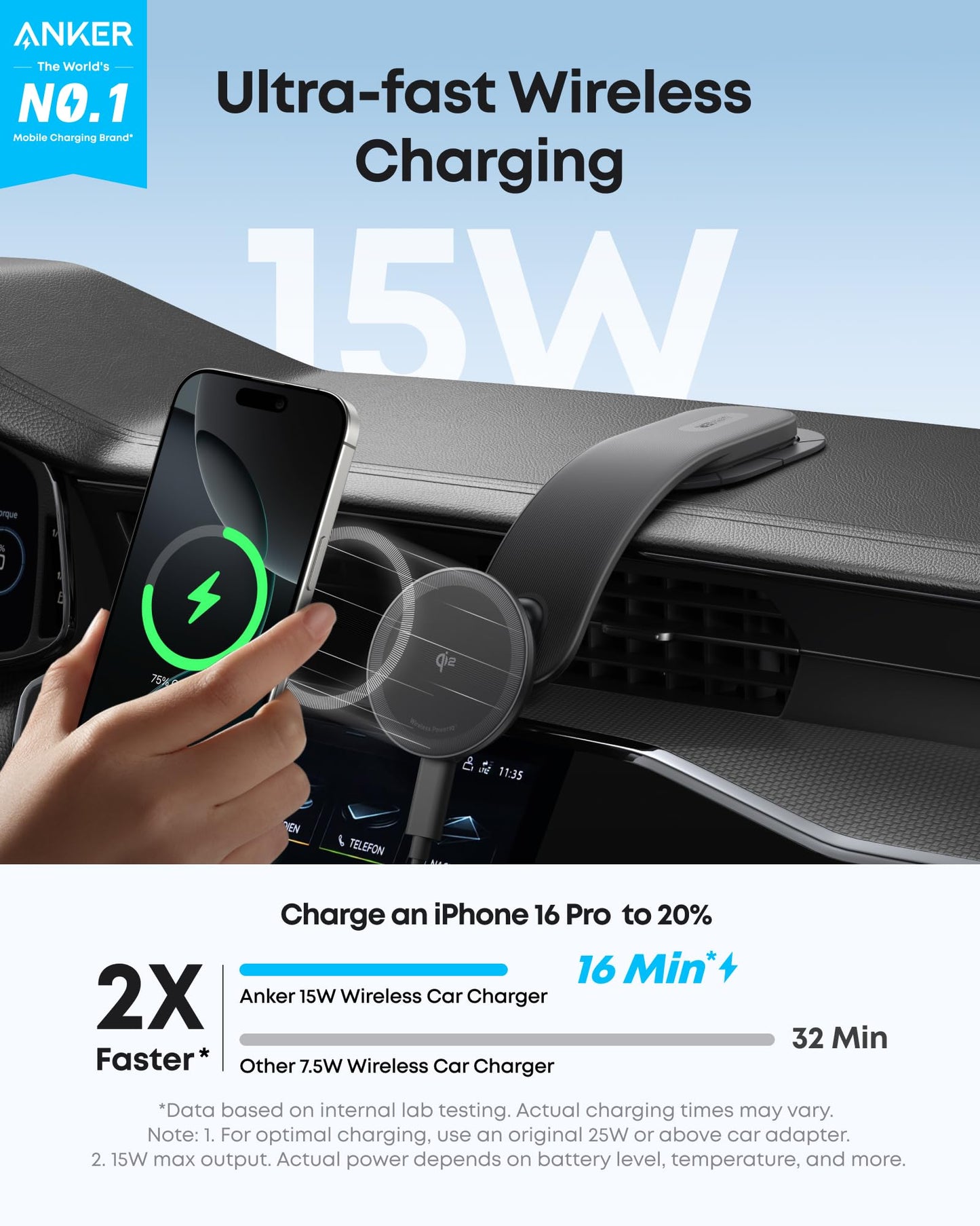 Anker Nano Magnetic Wireless Car Charger, 360° Adjustable Mount Car Charger with Detachable Pad, 15W Qi2 Certified with Alloy Bracket, Fast Charging