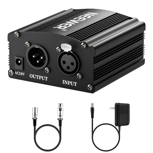 Neewer 1-Channel 48V Phantom Power Supply with Adapter, BONUS+XLR 3 Pin Microphone Cable for Any Condenser Microphone Music Recording Equipment (8