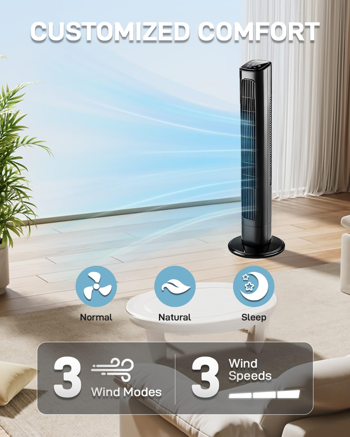 Pinikuyiro 36" Bladeless Tower Fan for Cooling Home Office Bedroom, Black,Ultra-Quiet, Portable Floor Fan with Remote Control, LED Display, Adjustable
