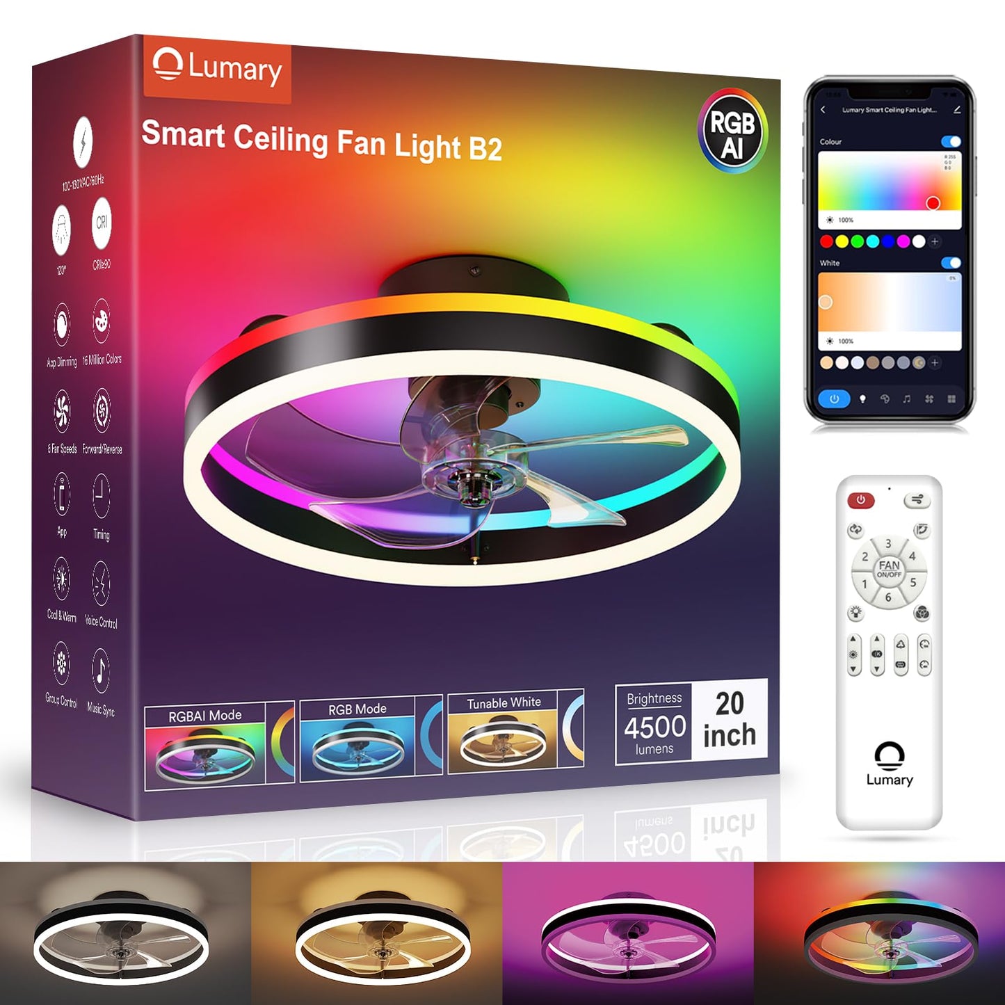 Lumary Smart WiFi Ceiling Fans with Lights, Low Profile Flush Mount Black