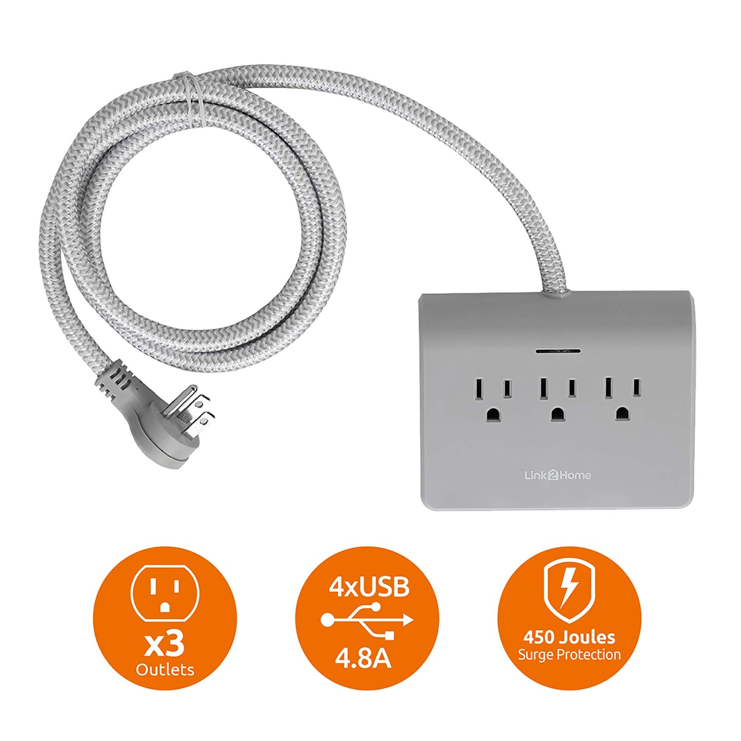 Link2Home EM-TXC202B Surge Protector, 5ft Extension, 3 Outlets Strip, 4 Ports, 4.8A USB, Braided Cable with Low Profile Plug, Grey Fabric Cord Power