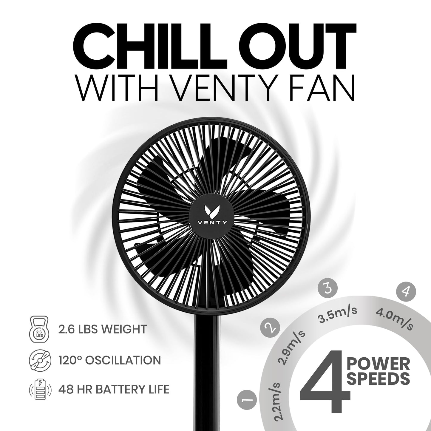 VENTY Portable Fan - Wireless Battery Operated Fan - 4 Speeds - LED Lighting - Carry Case & Remote Control - Cruise Travel - Outdoor Travel RV Power