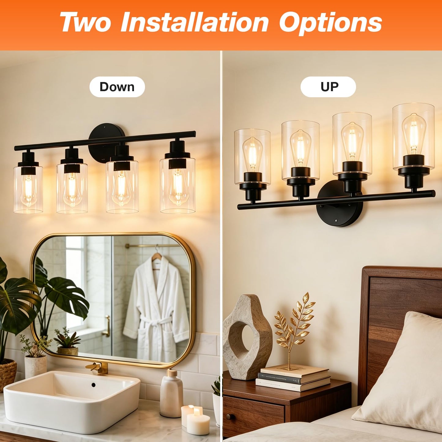 Sylvania 23" Bathroom Light Fixture with 4 Clear Glass Shade, Iron with Black Finish, E26 Medium Base, Vanity Lights for Bathrooms, Foyers, Entryways