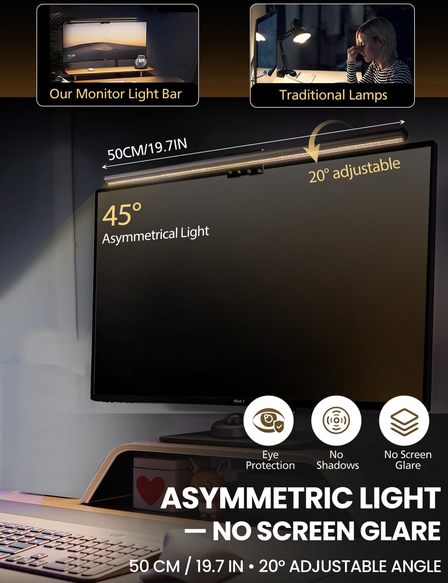 Monitor Light Bar 19.7”, No-Glare Asymmetric Screen Lamp, Auto-Dimming, CRI Ra97, 2700K-6500K & Stepless Dimming, Touch Control, Includes 5V/2A