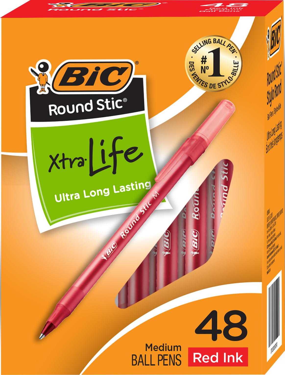 BIC Round Stic Xtra Life Pens, Medium Point 1.0mm, Red Ink, 48 Pack