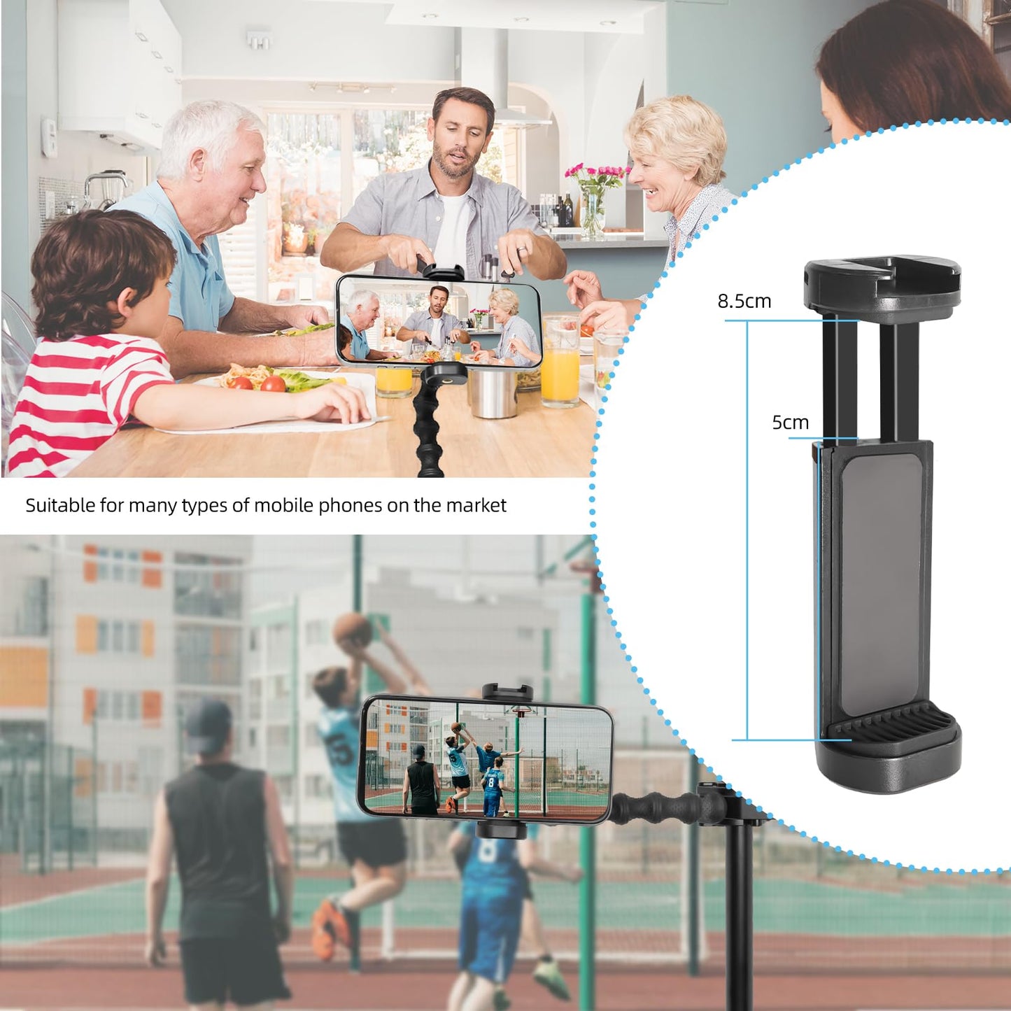 FIFIELD Gooseneck Phone Clamp Mount with Super Clamp - 360° Adjustable Phone Stand Compatible with iPhone 16-6, 360 Action Camera & 0.7-2" Devices