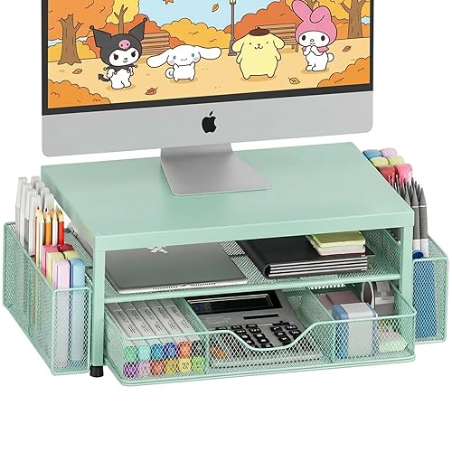 LEKETREE 2 Tier Monitor Stand, Computer Monitor Riser, Office Desk Accessories, Desk Organizer Desk Shelf Printer Stand, Green