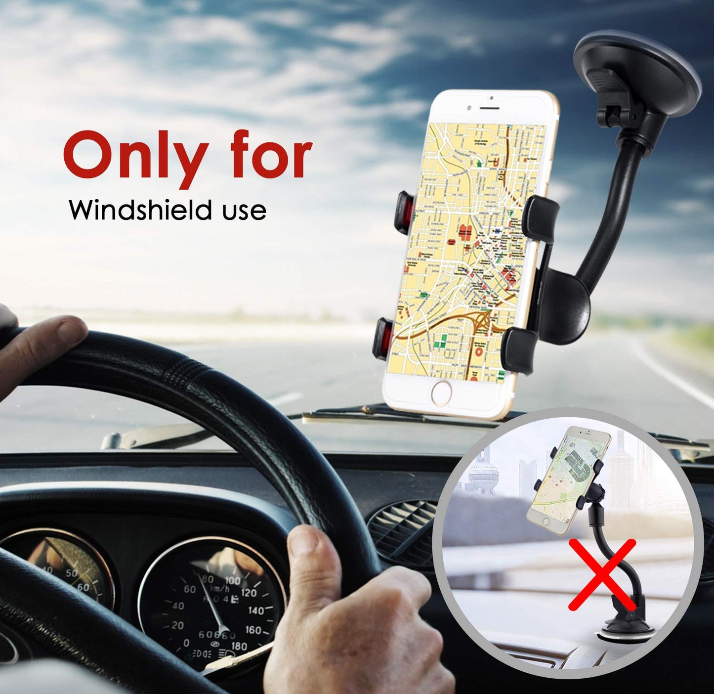 ivoler Car Phone Mount Windshield, Long Arm Clamp Universal Windshield with Double Clip Strong Suction Cup Cell Phone Holder Compatible with iPhone 15