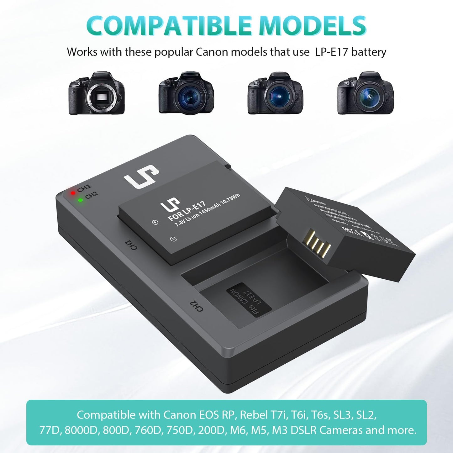 LP LP-E17 Battery Charger Pack, Compatible with Canon EOS R8, R10, R50, RP, Rebel T6i, T7i, T8i, T6s, SL2, SL3, EOS 77D, 200D, 750D, 760D, 800D