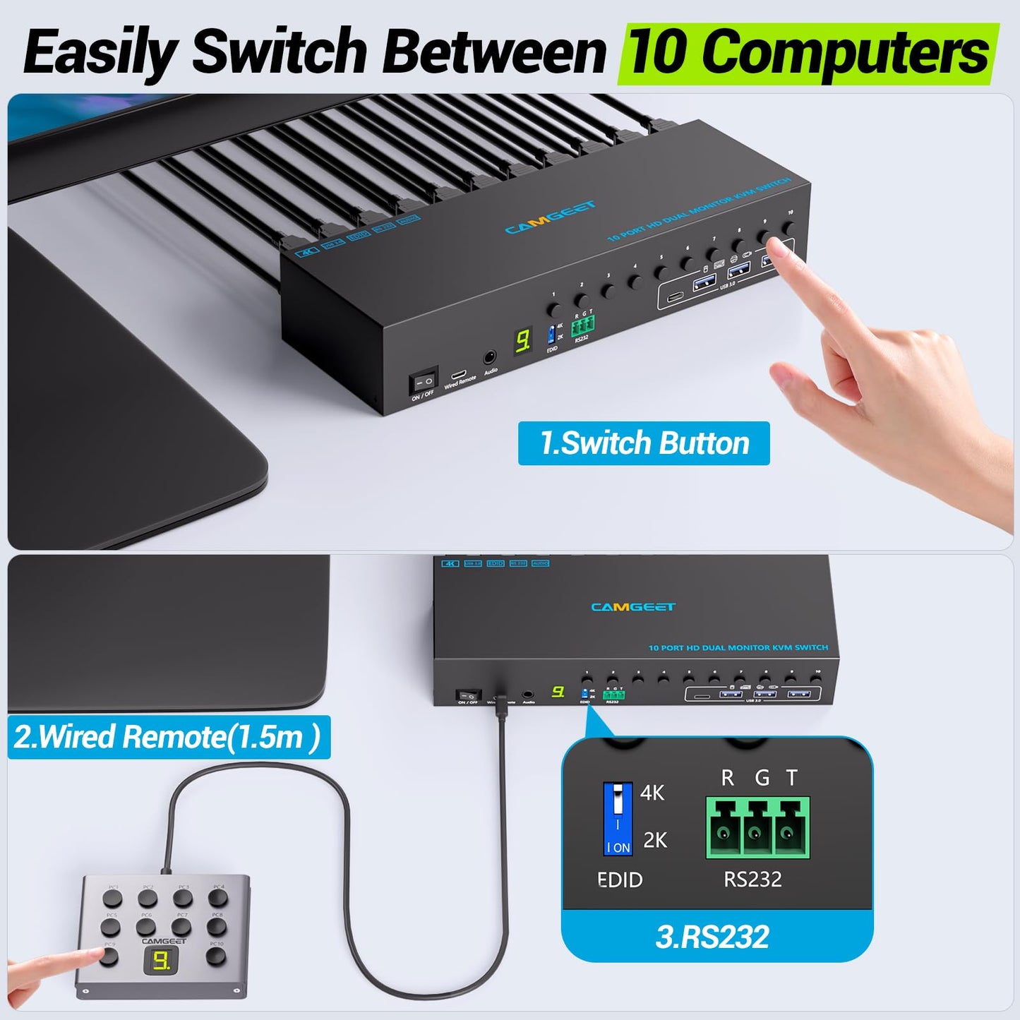 10 Port 8 Port 2 Monitors KVM Switch HDMI 4K@60Hz EDID Simulation, USB 3.0 Dual Monitor KVM Switch 2 Monitors 8 Computers 10 Computers,4 USB3.0 Ports