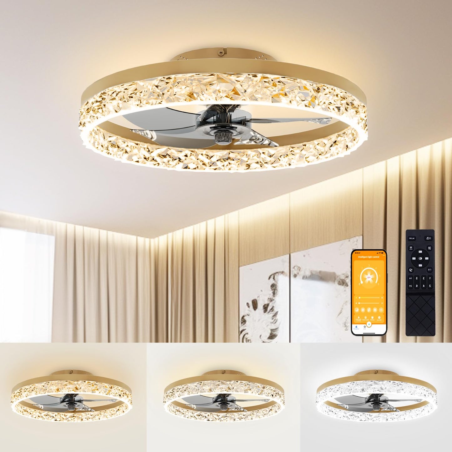 VOLISUN Fandelier Ceiling Fans with Lights and Remote, 19.7in Low Profile Ceiling Fan Flush Mount, 3000K-6500K Dimmable, Modern Ceiling Fans