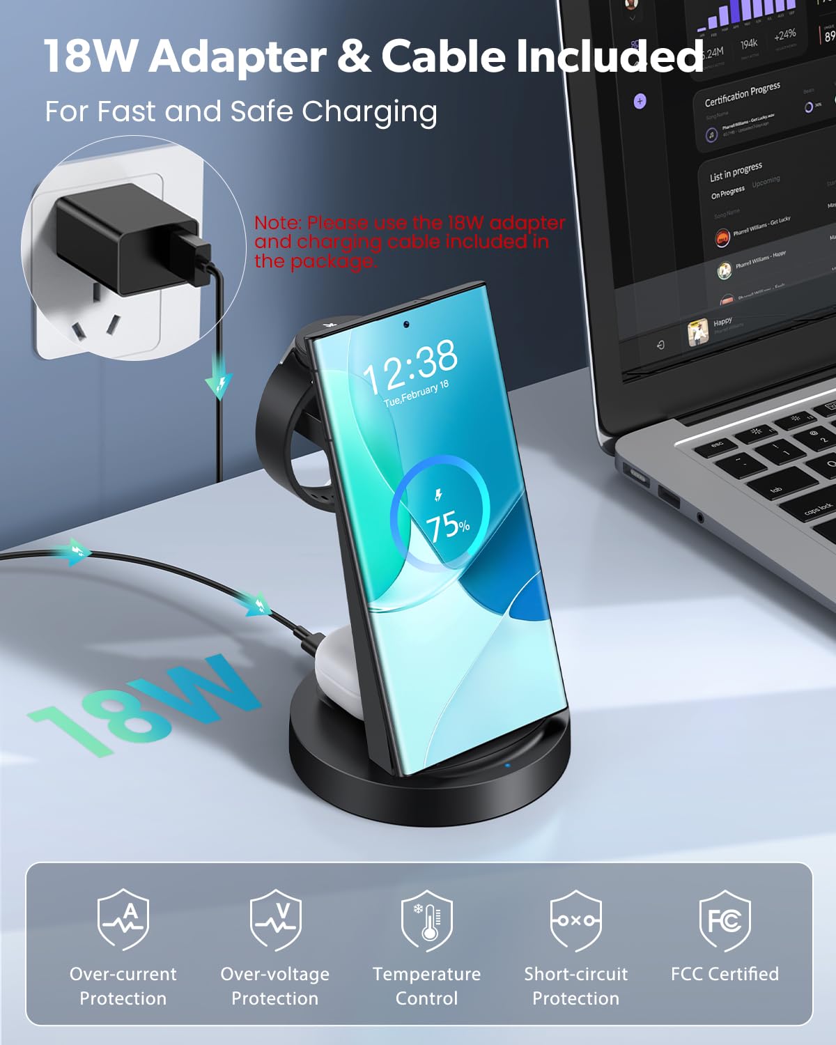 Wireless Charger for Samsung: 3 in 1 Wireless Charging Station for Samsung Galaxy Watch 8 7 6 5 4 3 Pro Classic Galaxy Buds - Charger Dock Stand